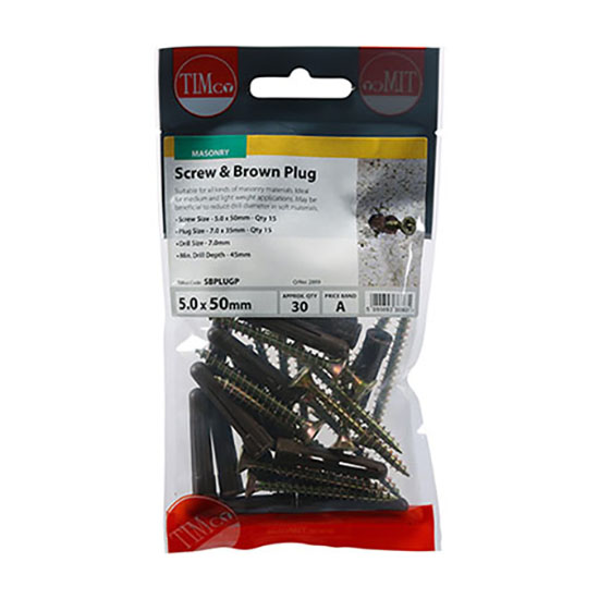 TIMCO 35mm Brown Plastic Plugs with 5.0 x 50mm Screws